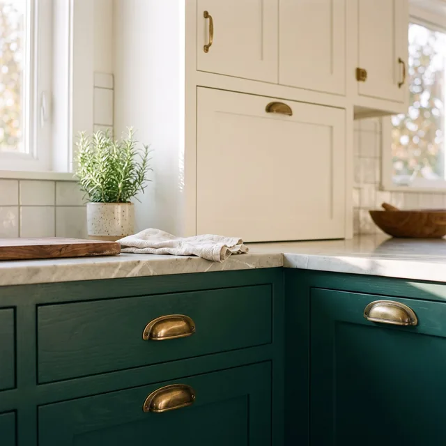 Deep green painted lower cabinets with brass hardware