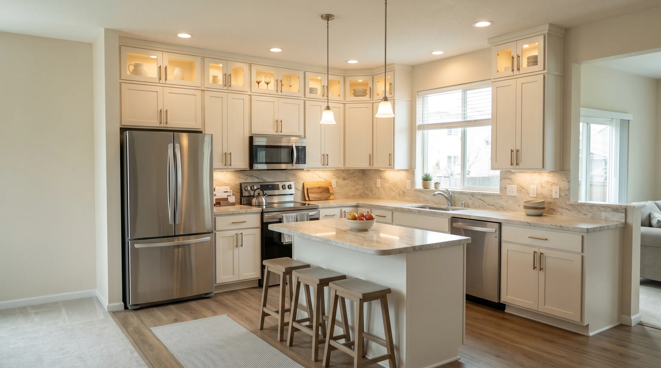 Kitchen with freshly painted warm white cabinets running to the ceiling