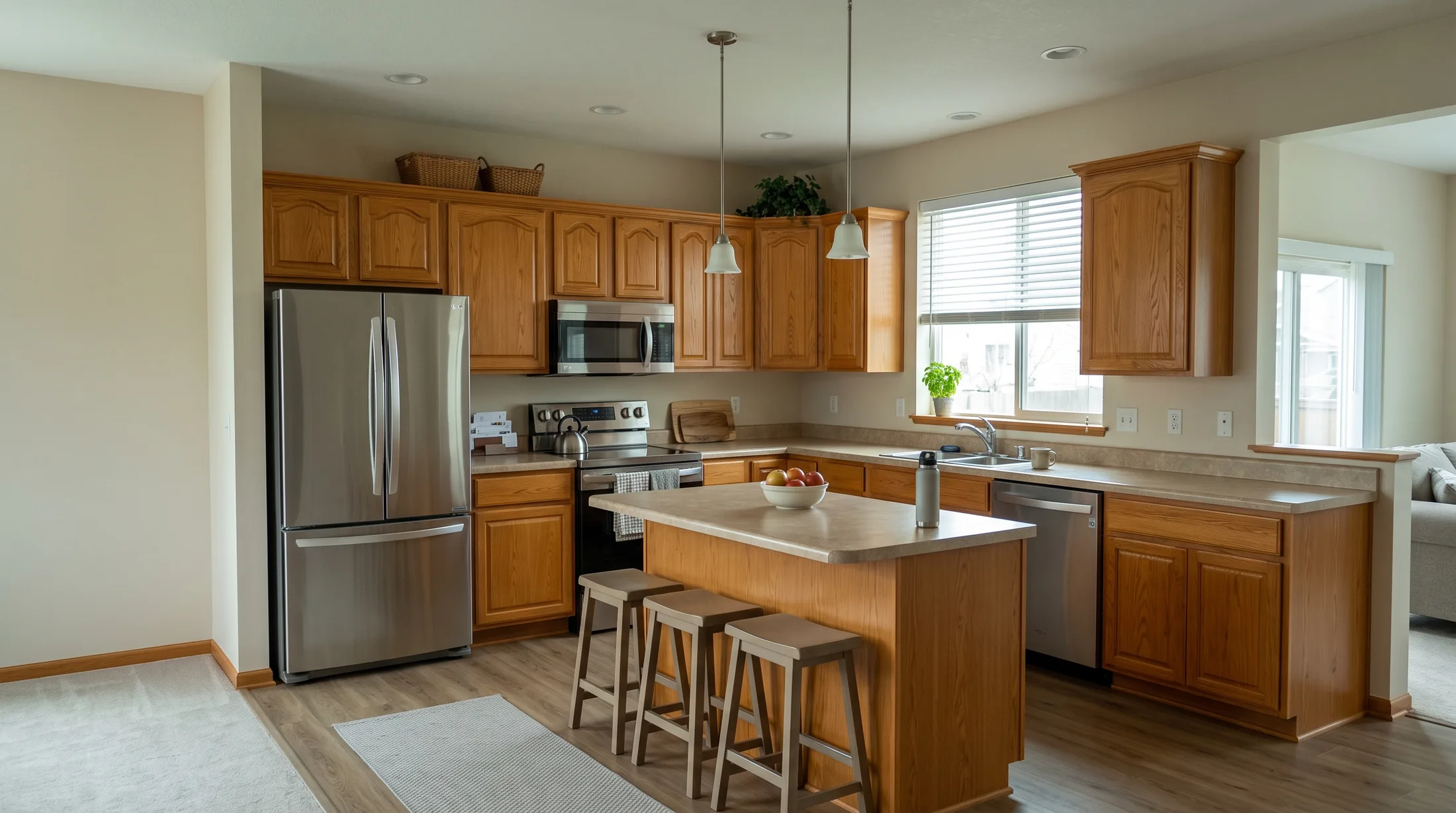 Kitchen with dated golden-oak cabinets before painting