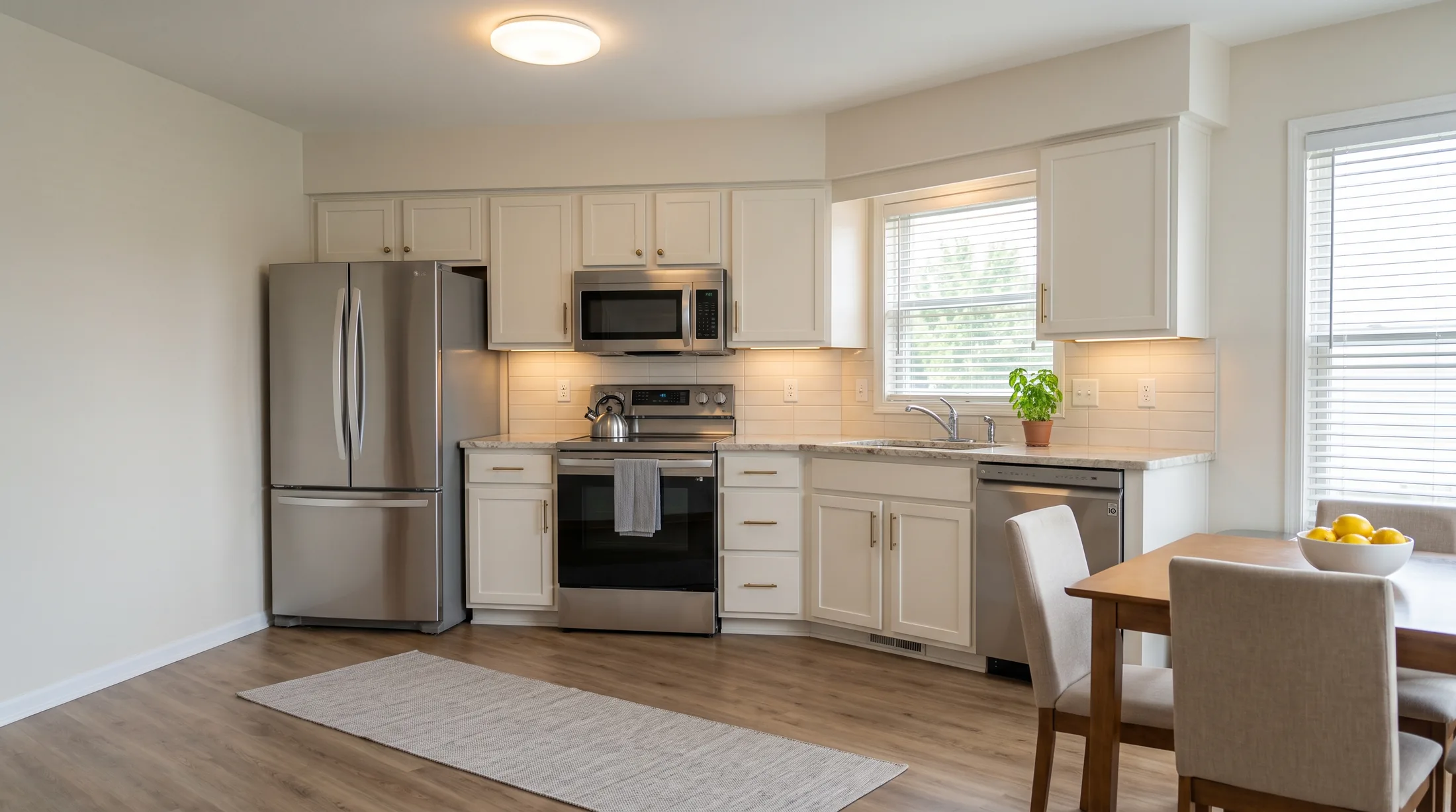 The same kitchen after painting, with warm white cabinets and brushed brass pulls