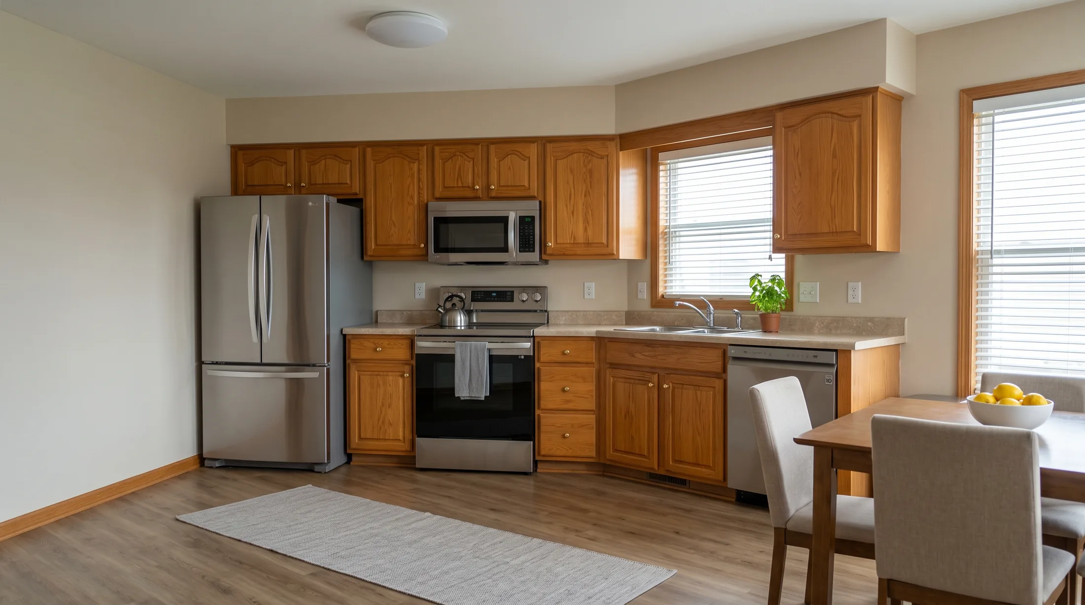 Kitchen with dated oak cabinets and laminate countertops before painting